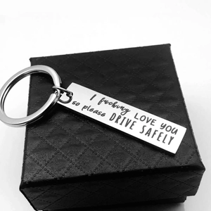 Funny Drive Safely stainless steel keychain in a black gift box for couples