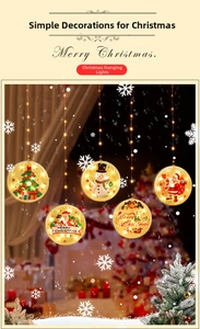 Close-up of warm white LED hanging disc lights with festive Christmas pattern icons