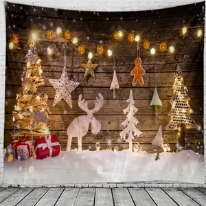 Weihnachts-Wandteppich mit Vintage-Holzwandmuster und festlichen Feiertagsdekor-Elementen