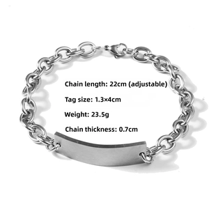 Detail view of titanium steel bracelet with 1.3x4cm curved metal plate and chain links