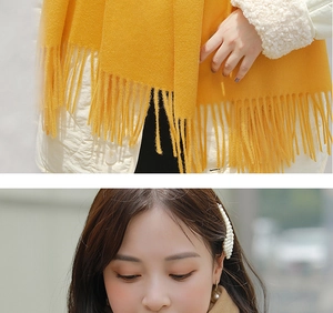 Detail of yellow Morandi scarf with tassels and close-up of model wearing a pearl hair clip