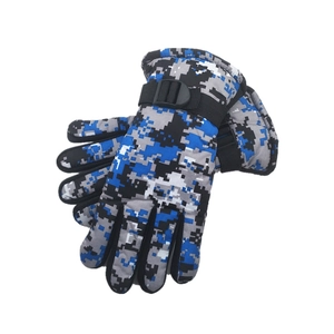 Blue camouflage children's ski gloves with adjustable wrist straps for winter warmth