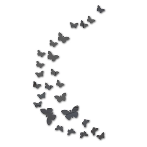 Macro detail of 3D black acrylic butterfly mirror wall stickers in a crescent arrangement