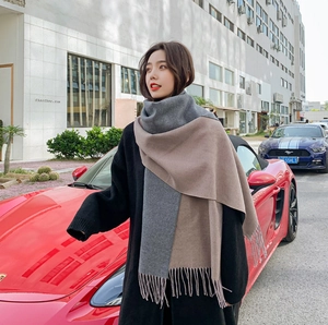 Thick bicolor gray and camel cashmere-feel scarf with fringe, shown in street style