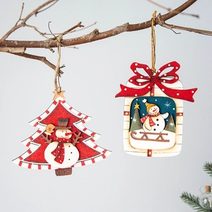 Christmas Wooden Hanging Ornaments Wood Santa Snowman Reindeer Tree Decor Retro Vintage Layered Design Jute Rope