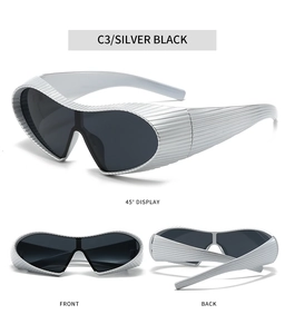 Steampunk wraparound sunglasses in silver with textured metal frame and dark grey lenses