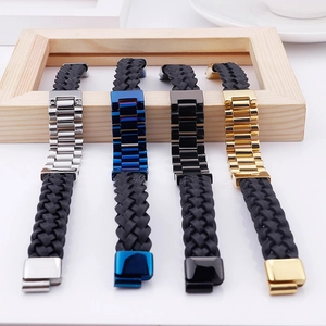 Braided leather bracelets for men with four polished stainless steel clasp color options