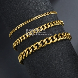 Detailed comparison of three widths of gold Cuban link bracelets in polished stainless steel