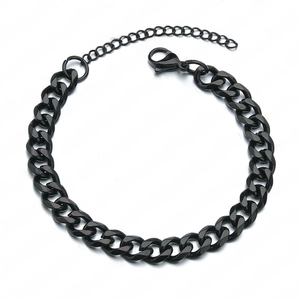 Detail of black polished Cuban link bracelet with lobster clasp and adjustable chain