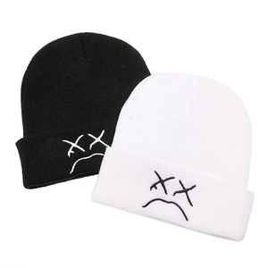 Bonnet Beanie En Acrylique Tricoté Broderie XX Sad Face Streetwear Chaud Extensible Pour Hommes Femmes