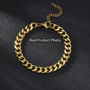 Men's hip hop gold Cuban link bracelet in polished stainless steel with lobster clasp