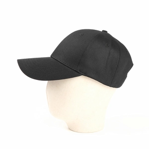 Side view of a solid black cotton baseball cap on a model head with extended brim detail