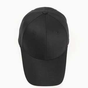 Top view of a classic black cotton twill baseball cap with embroidered eyelets and top button