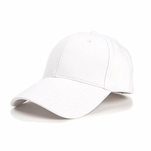 Detail view of white cotton baseball cap with twill texture and curved visor