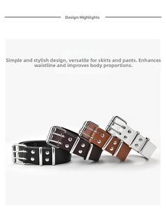 Detail of four-color double-grommet belts featuring silver pin buckles and punk studs
