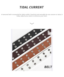 Detail of faux leather belts featuring star-shaped metal eyelets and double-row studs