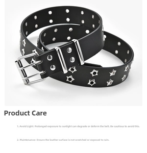 Close-up of punk style black belt with silver double-pin buckle and star eyelets