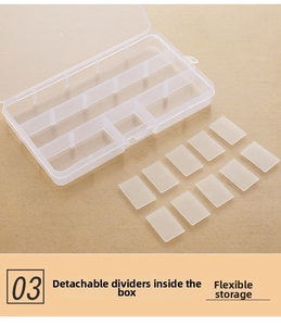 Detail of 15-grid transparent organizer with 10 removable dividers for custom storage