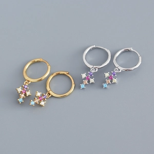 925 Sterling Silver Cross Drop Huggie Hoop Earrings With Multi Color Cubic Zirconia Gold Plated Luxury Style Women