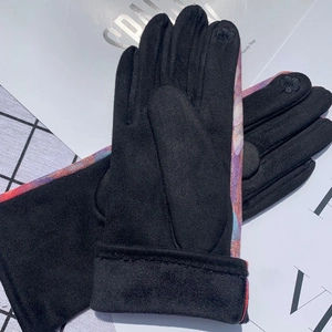 Women's black suede gloves with colorful oil painting print and touchscreen embroidery