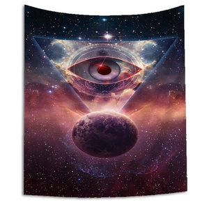 Macro detail of lion galaxy tapestry featuring mystical all-seeing eye and nebula star patterns