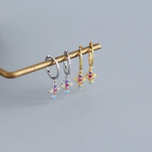 S925 Sterling Silver Cross Hoop Earrings with Colorful Zircons in Gold and Silver