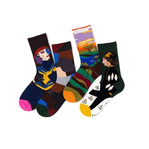 Artistic oil painting style crew socks featuring vibrant abstract portraits and landscape patterns