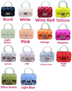 Detailed grid of mini quilted jelly bags with faux pearl handles in multiple colors