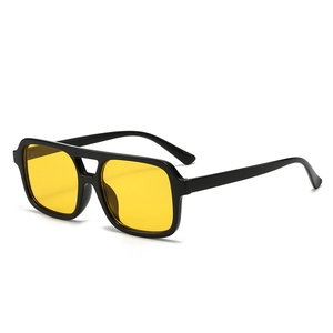 Retro square sunglasses with black double-bridge frame and yellow transparent lenses