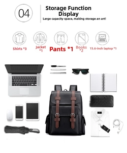 Flat lay of black PU leather backpack showing capacity for 15.6 inch laptop and clothes