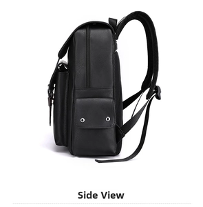 Side view of black PU leather business backpack showing texture and padded mesh straps
