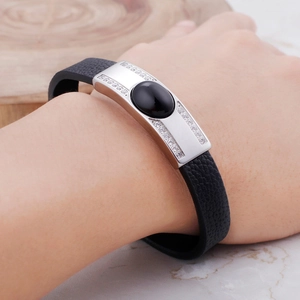 Men's geometric stainless steel bracelet with black leather band and inlaid crystal accents