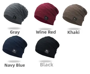 Detailed view of winter knit beanies in five colors with warm fleece lining