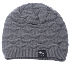 Thick dark grey knitted beanie with sport label and warm ribbed cuff for men and women