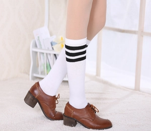 Detail showing white knee-high socks with triple black stripes and retro brown shoes