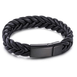 Bracelet minimaliste pour hommes en cuir tressé noir avec fermoir en acier inoxydable mat