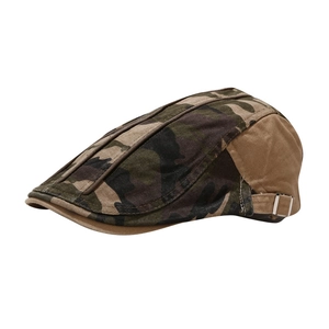Jungle camo beret flat cap for men and women with khaki canvas side panel and metal buckle
