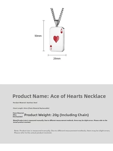 Detailed size view of Ace of Hearts poker pendant with 60cm stainless steel chain