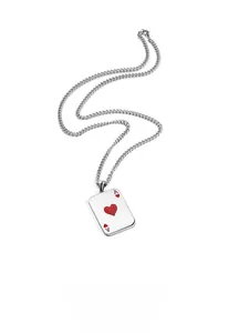 Close-up of Ace of Hearts poker card pendant on a silver titanium steel chain necklace