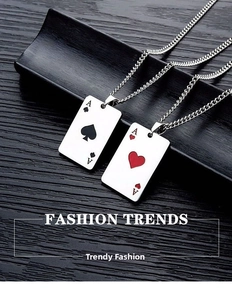 Detail of Ace of Spades and Hearts playing card pendants on titanium steel chains
