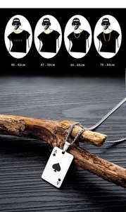 Detailed size guide showing stainless steel Ace of Spades necklace lengths on a model