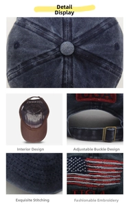Detail view of washed cotton baseball cap with USA flag embroidery and metal buckle