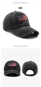 Detailed views of washed cotton baseball cap with USA flag embroidery and metal buckle