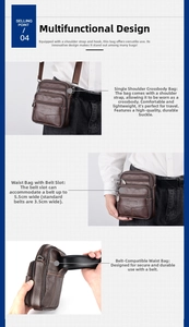 Detail view of multi-functional brown leather waist bag with a 5.5cm wide belt loop hole