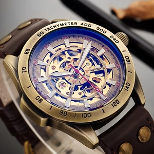 Men's Automatic Mechanical Watch Skeleton Dial Industrial Retro Bronze Case Leather Rivet Strap Tachymeter Waterproof