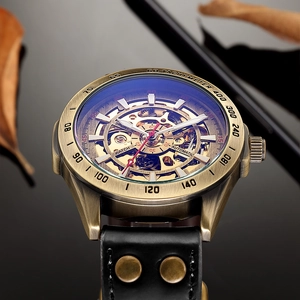 Macro view of automatic mechanical watch with hollow gears and bronze metal case