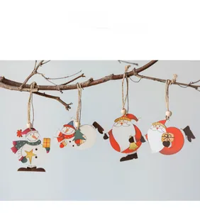 Set of four hand-painted wooden Christmas ornaments featuring Santa and Snowman on branches