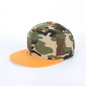 Detail view of camouflage hip-hop hat with flat orange brim and high-quality canvas texture
