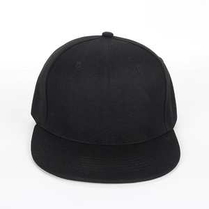 Professional black flat brim snapback baseball cap with six-panel design and top eyelets