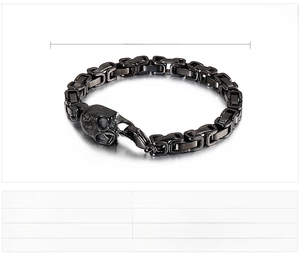 Detail view of black skull pendant stainless steel bracelet with specific dimensions